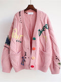 Cute Embroidered Loose Cropped Knit Cardigan with Patch Pockets