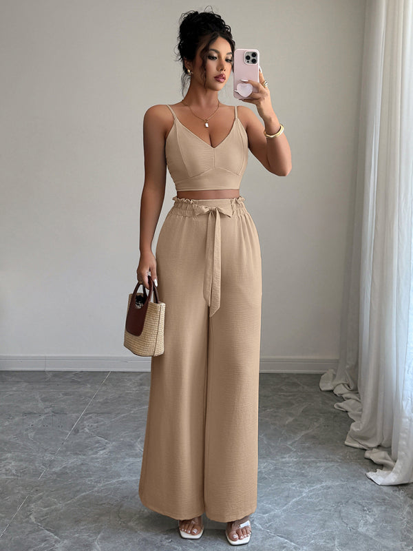 Light beige suspender vest wide-leg pants two-piece suit