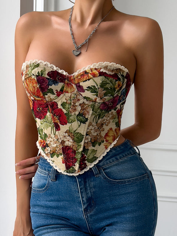Women’s Street Retro Floral Lace-Up Corset Vest – French Niche Fishbone Bustier Top