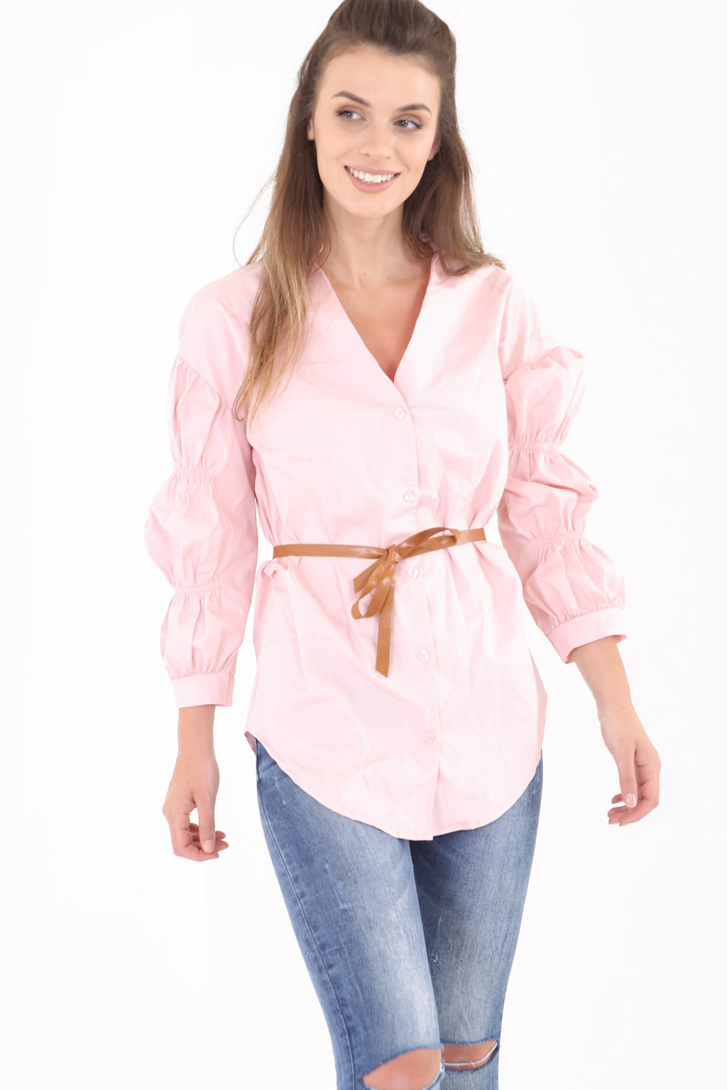 Gathered Sleeve Button Up Belted Shirt