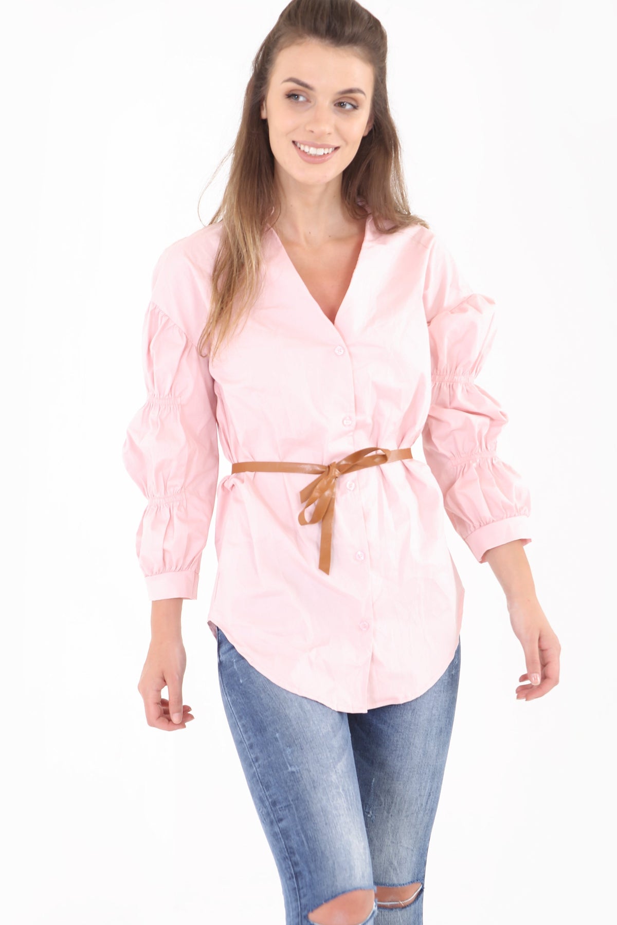 Gathered Sleeve Button Up Belted Shirt