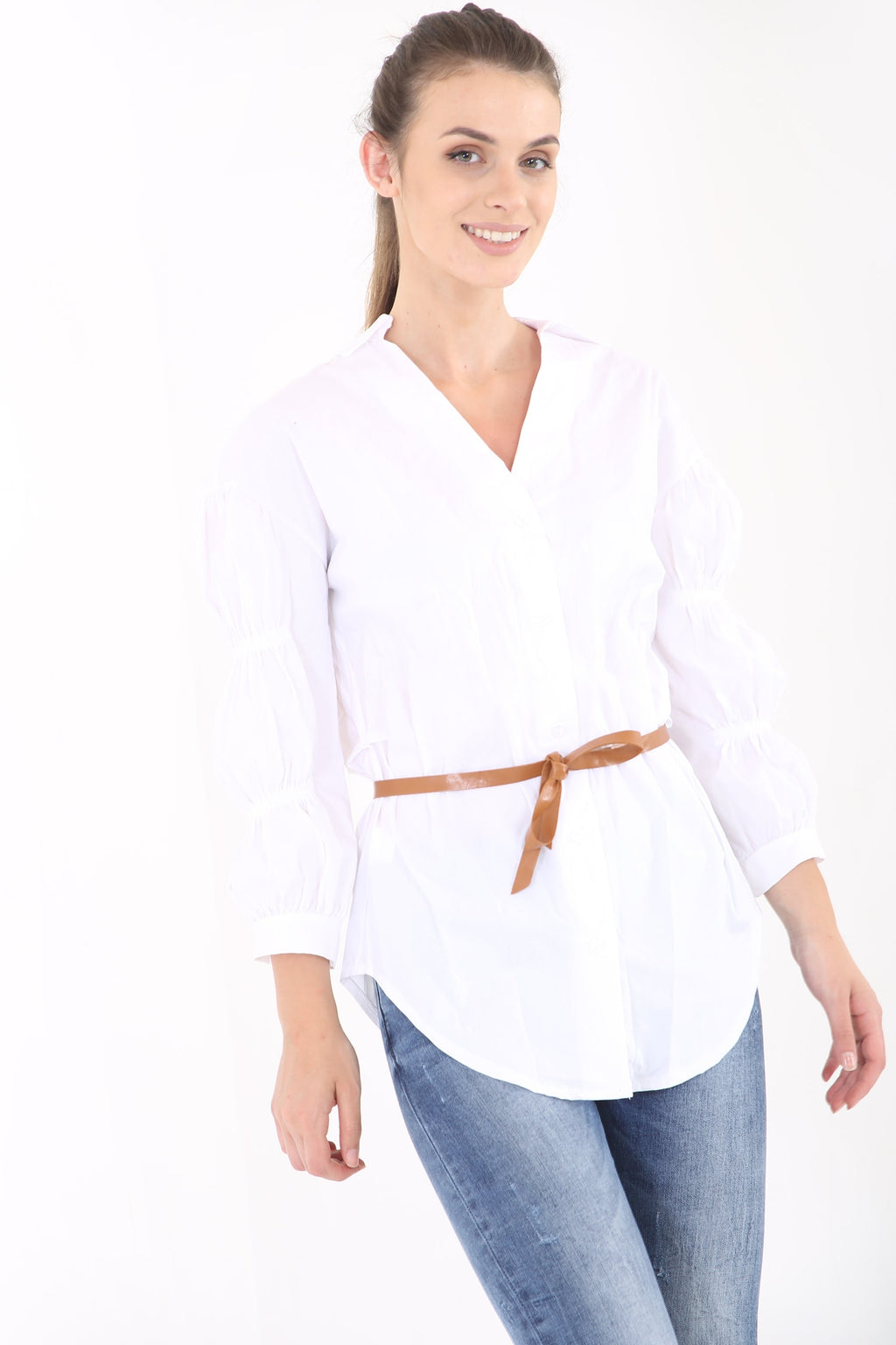 Gathered Sleeve Button Up Belted Shirt