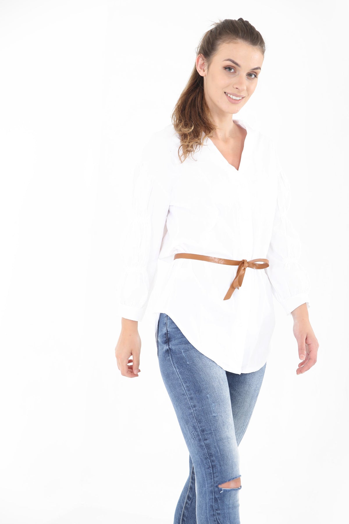 Gathered Sleeve Button Up Belted Shirt