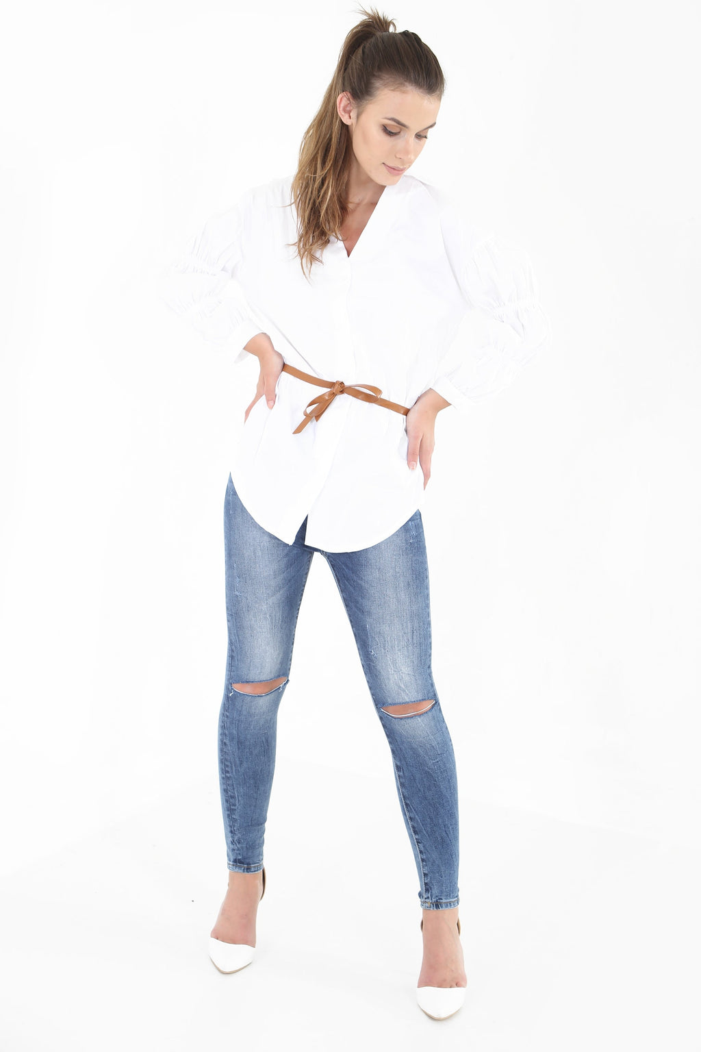 Gathered Sleeve Button Up Belted Shirt