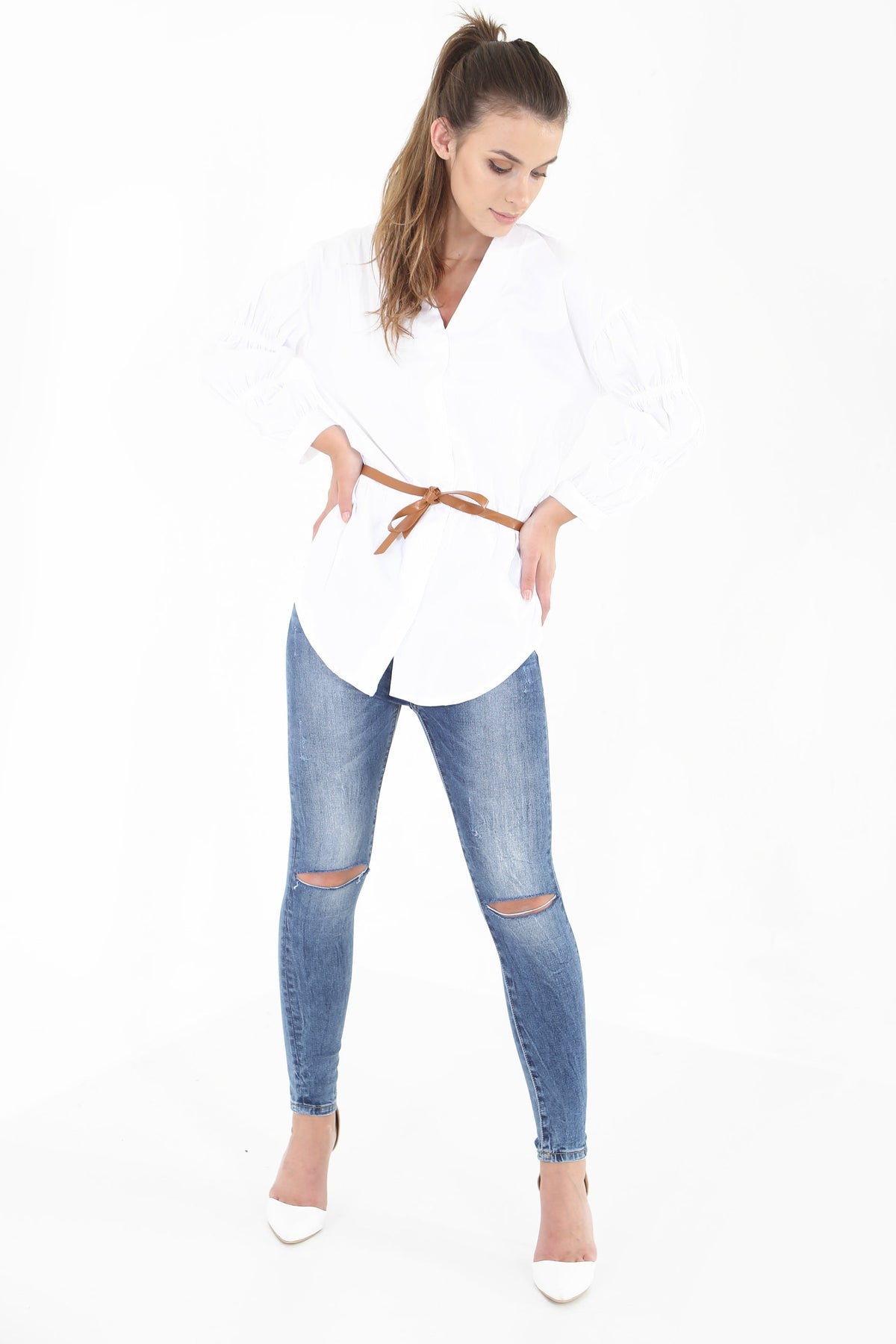 Gathered Sleeve Button Up Belted Shirt