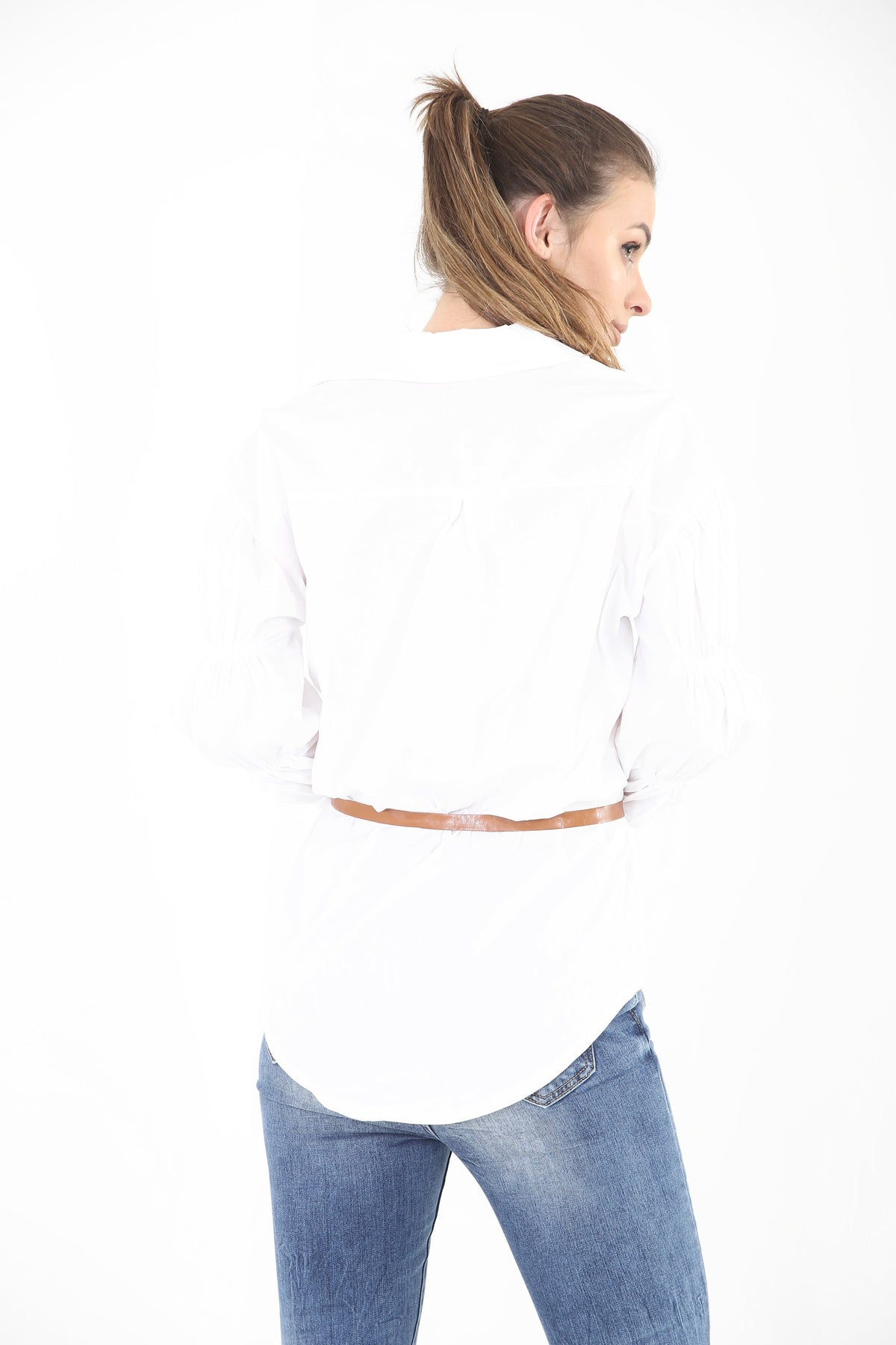 Gathered Sleeve Button Up Belted Shirt