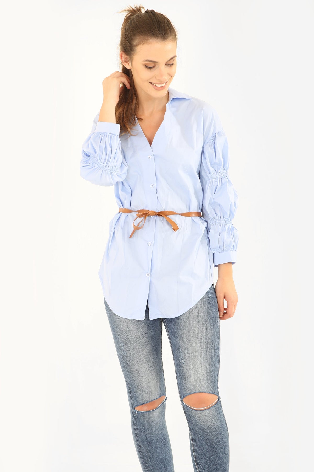 Gathered Sleeve Button Up Belted Shirt