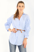 Gathered Sleeve Button Up Belted Shirt