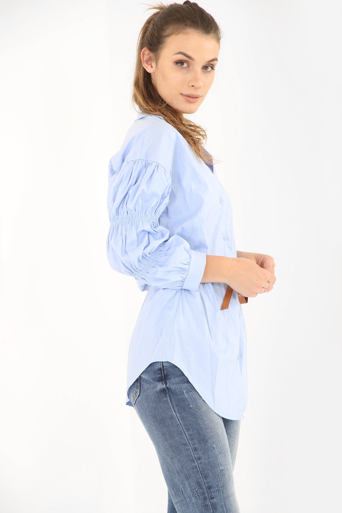 Gathered Sleeve Button Up Belted Shirt