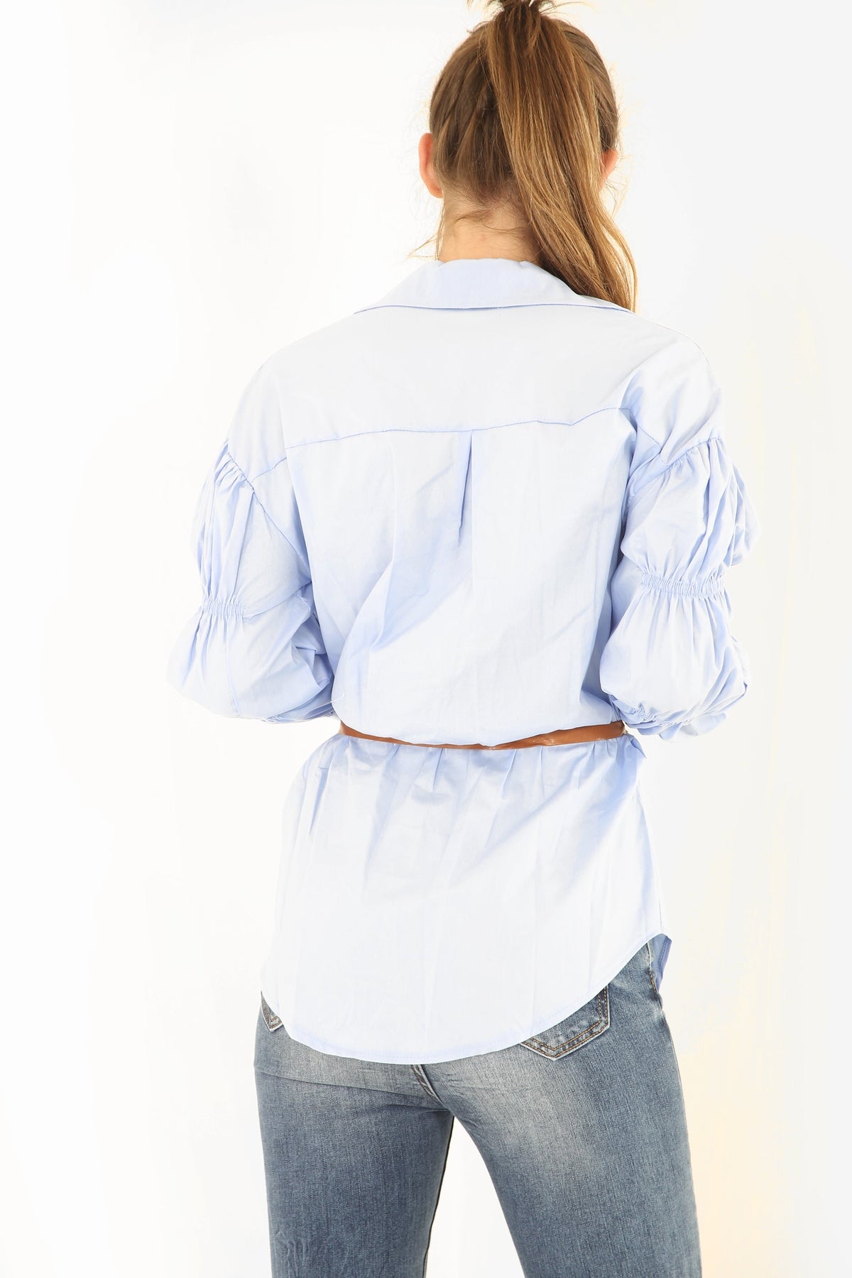 Gathered Sleeve Button Up Belted Shirt