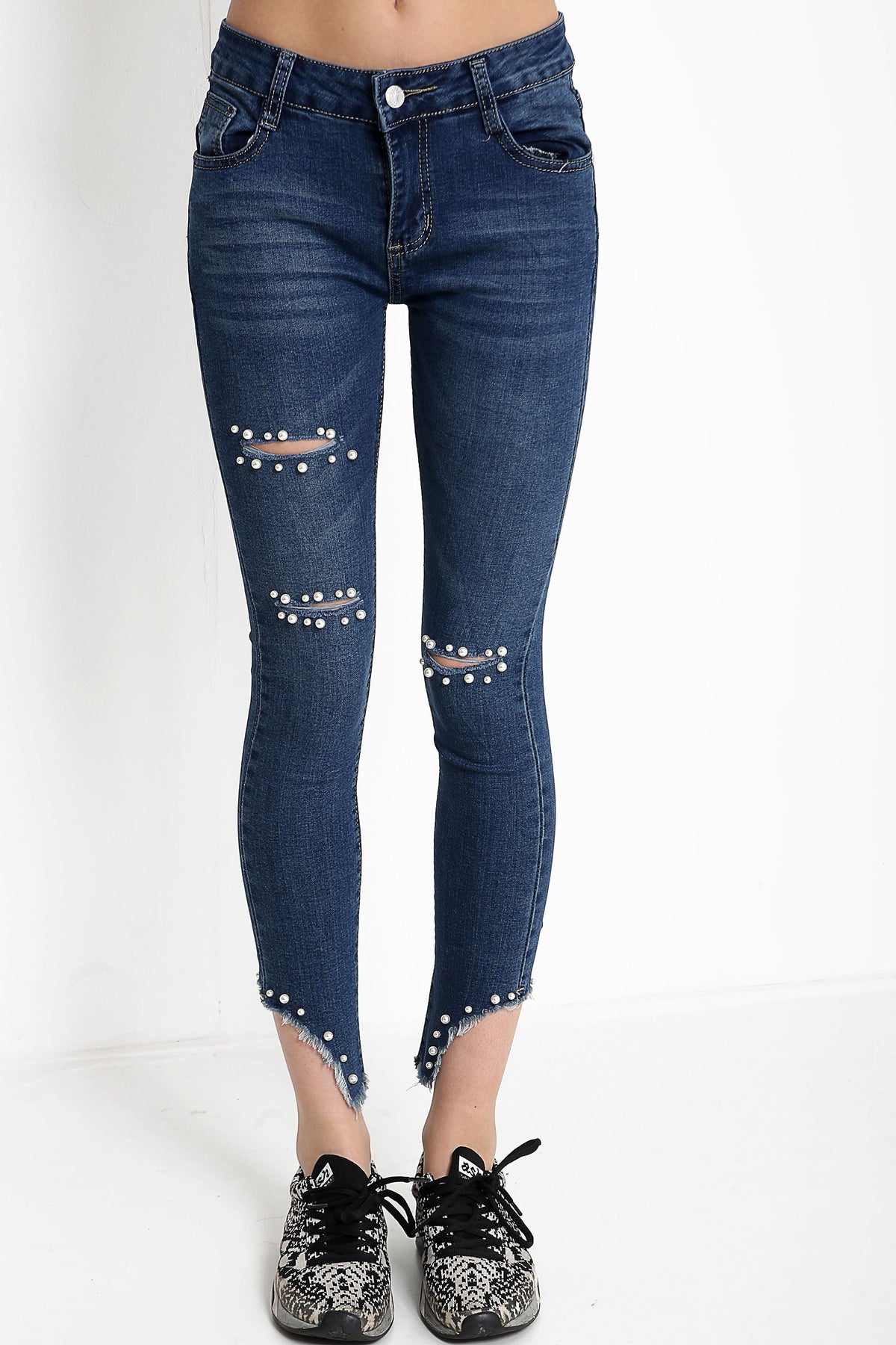 Pearl Embellished Ripped Raw Finish Denim Jeans