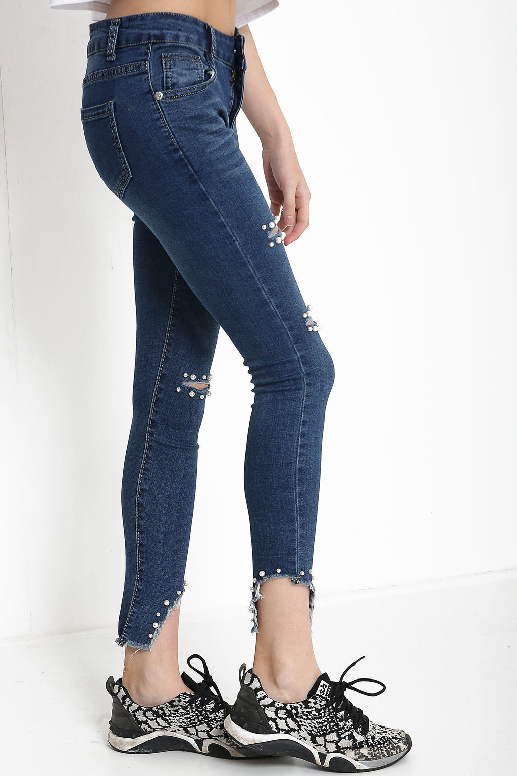 Pearl Embellished Ripped Raw Finish Denim Jeans