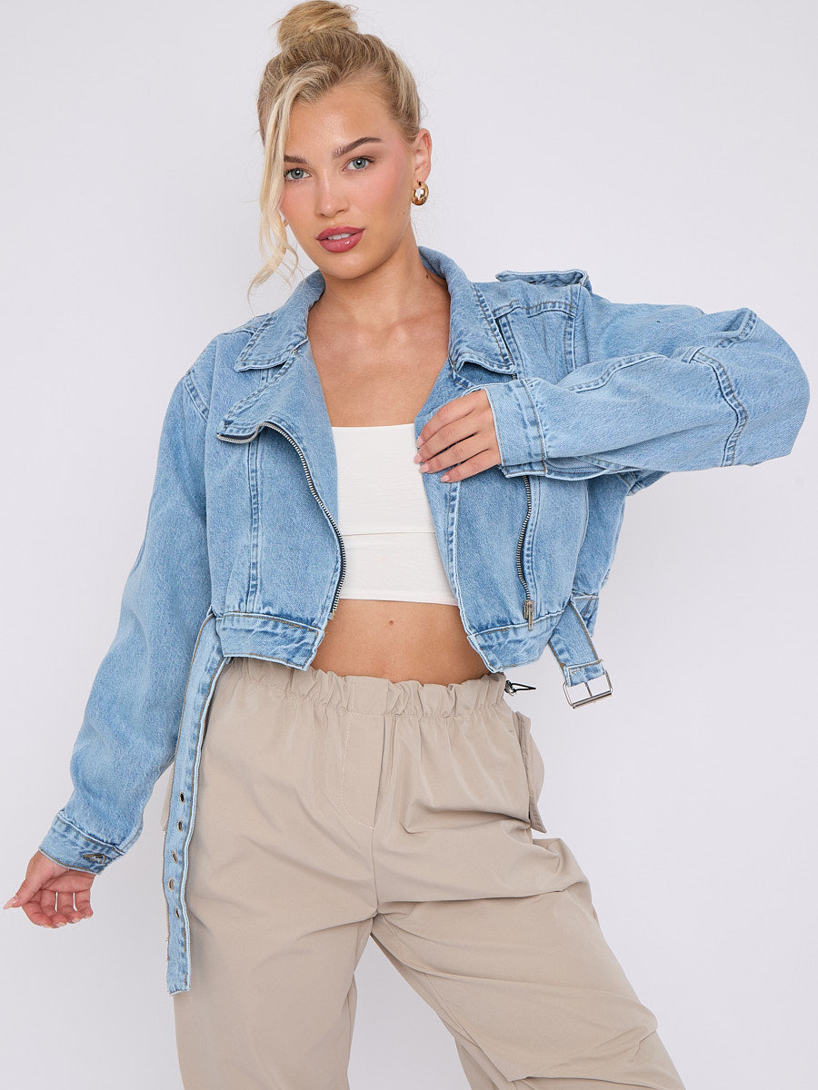 Cropped Zip Up Biker Denim Jacket