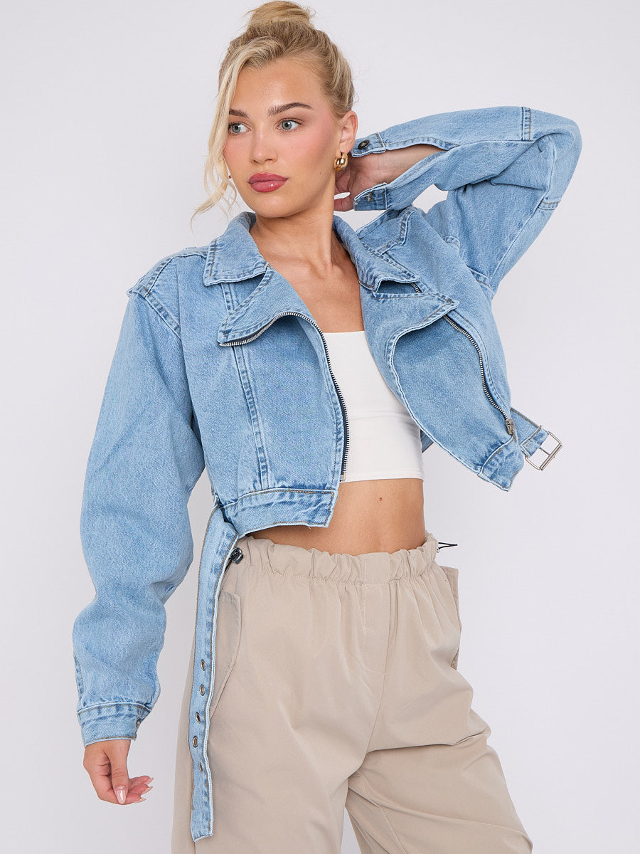Cropped Zip Up Biker Denim Jacket