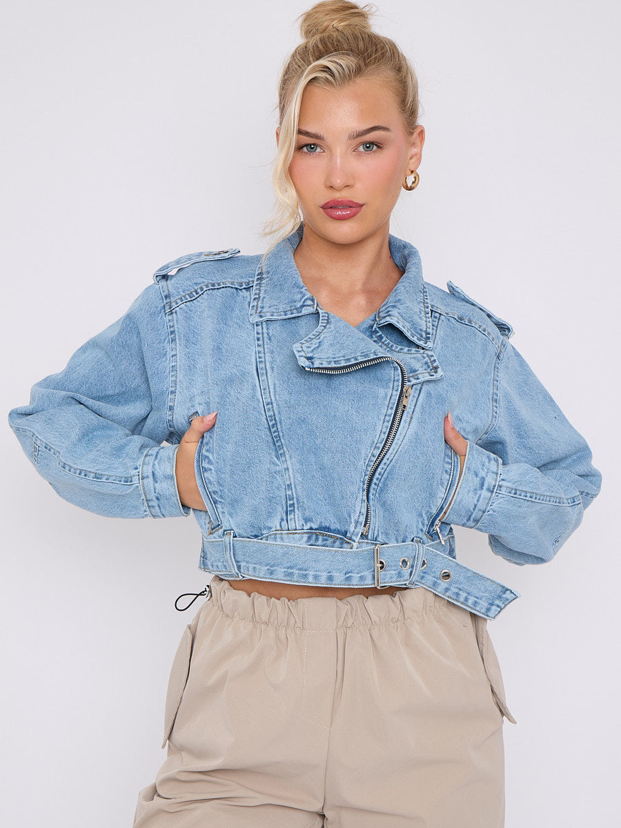 Cropped Zip Up Biker Denim Jacket