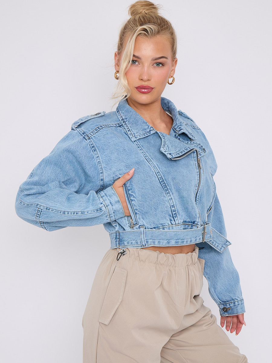 Cropped Zip Up Biker Denim Jacket