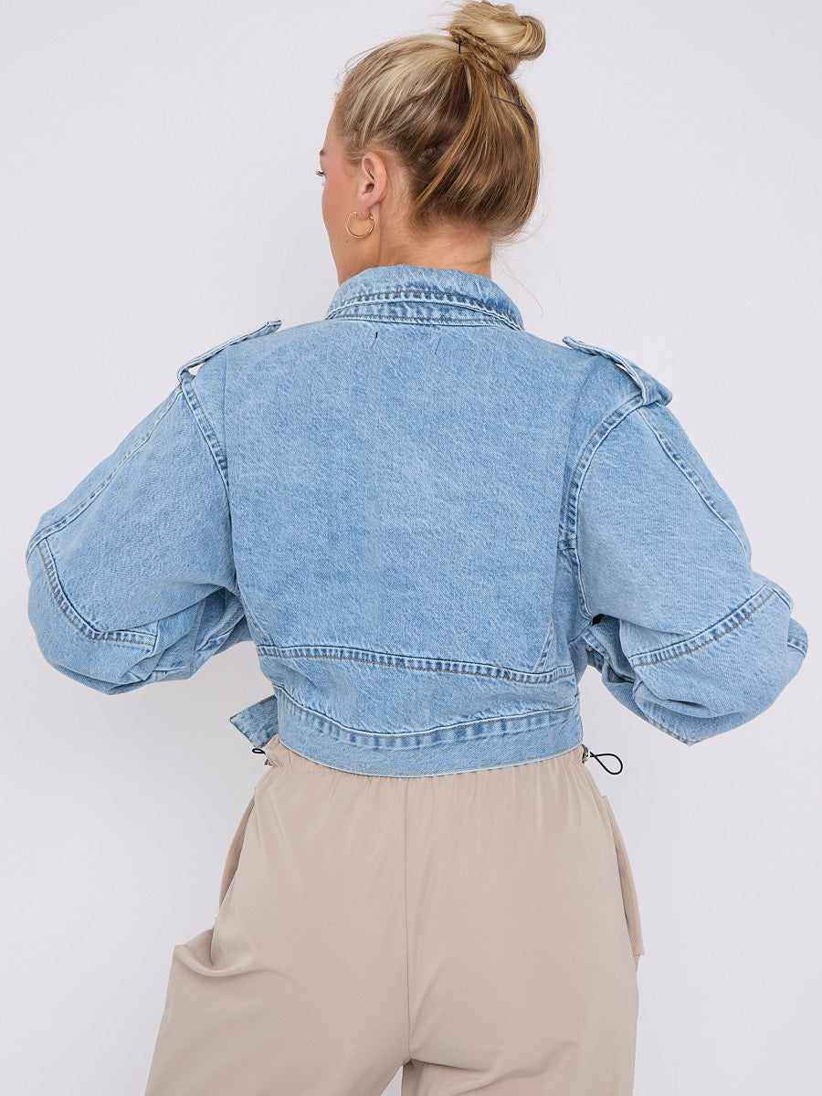Cropped Zip Up Biker Denim Jacket