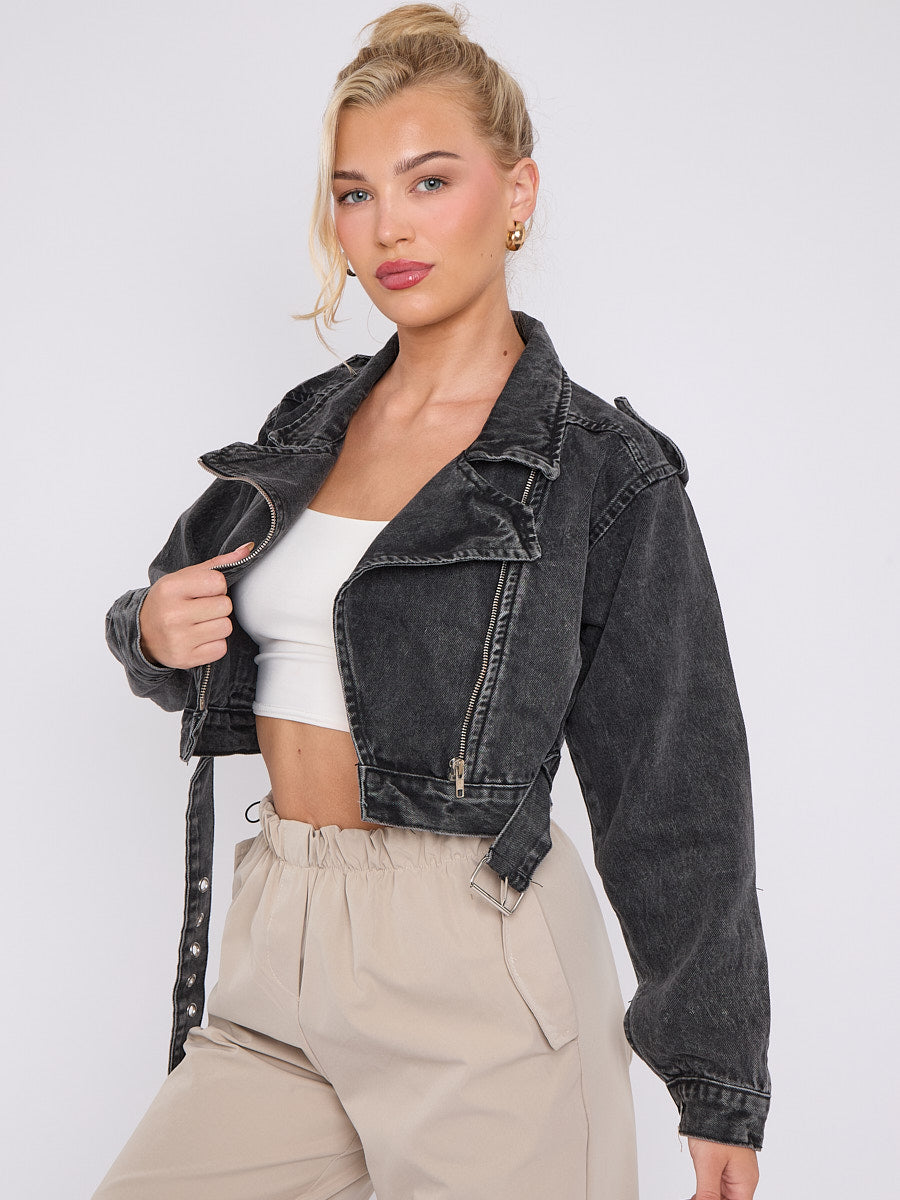 Cropped Zip Up Biker Denim Jacket