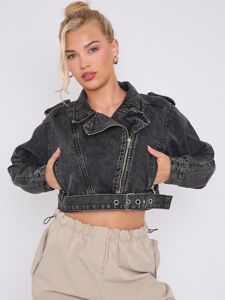Cropped Zip Up Biker Denim Jacket