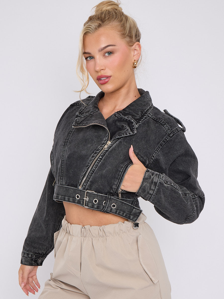 Cropped Zip Up Biker Denim Jacket