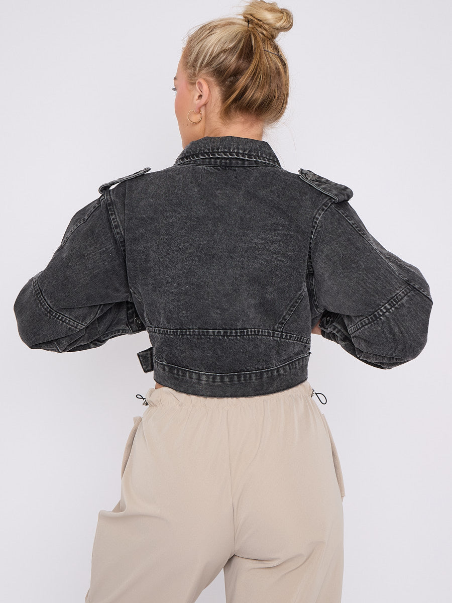Cropped Zip Up Biker Denim Jacket