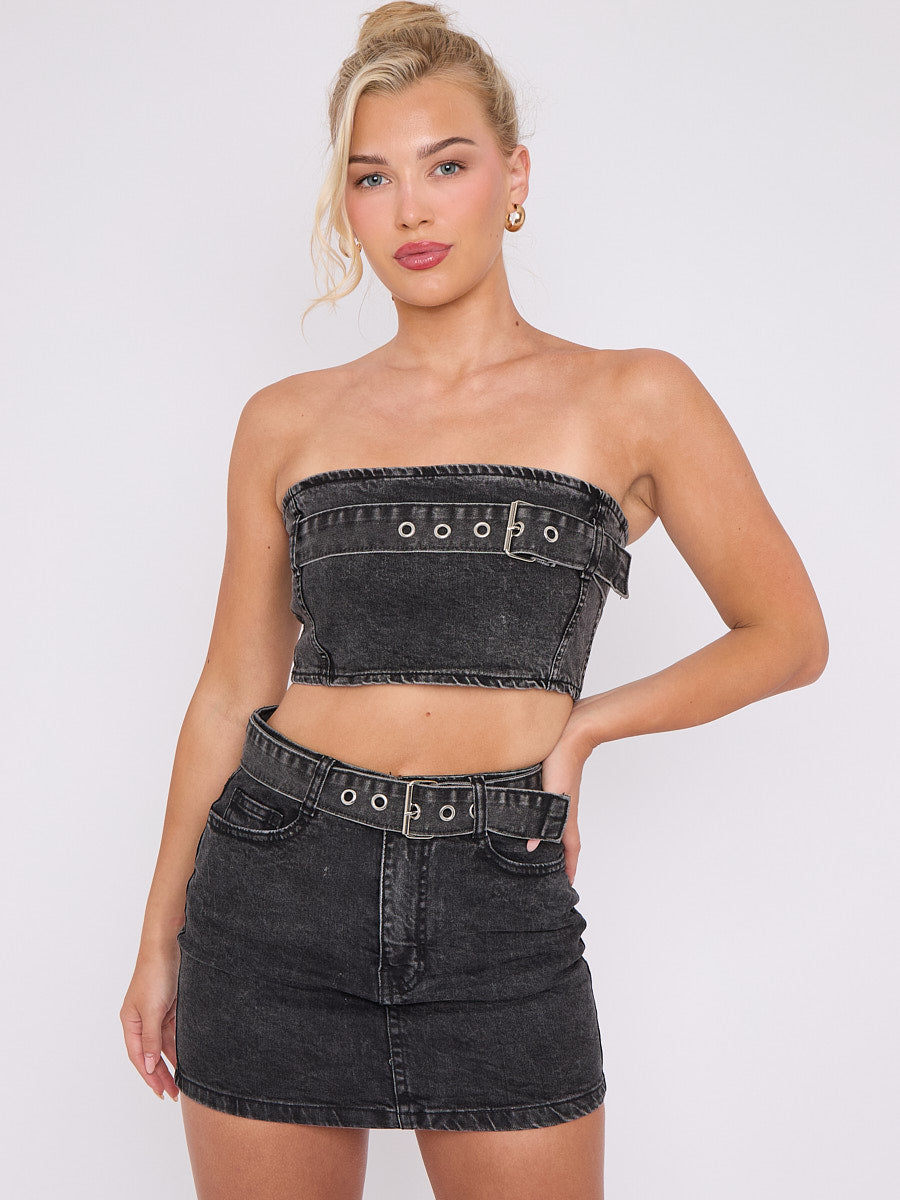 Belted Denim Bandeau Crop Top & Skirt Co-ord