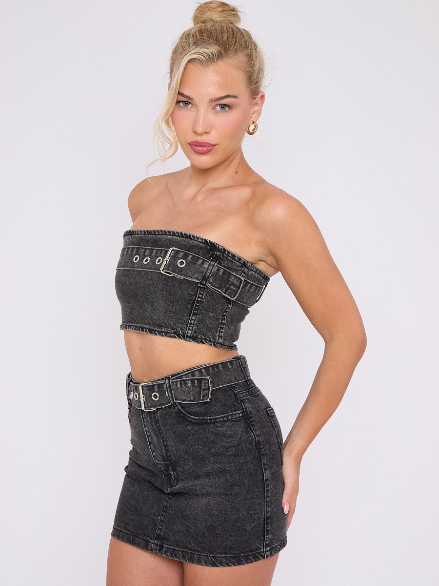 Belted Denim Bandeau Crop Top & Skirt Co-ord