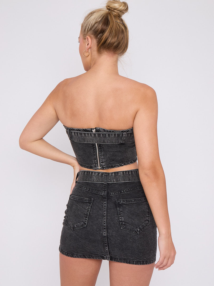 Belted Denim Bandeau Crop Top & Skirt Co-ord