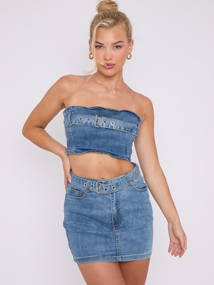 Belted Denim Bandeau Crop Top & Skirt Co-ord