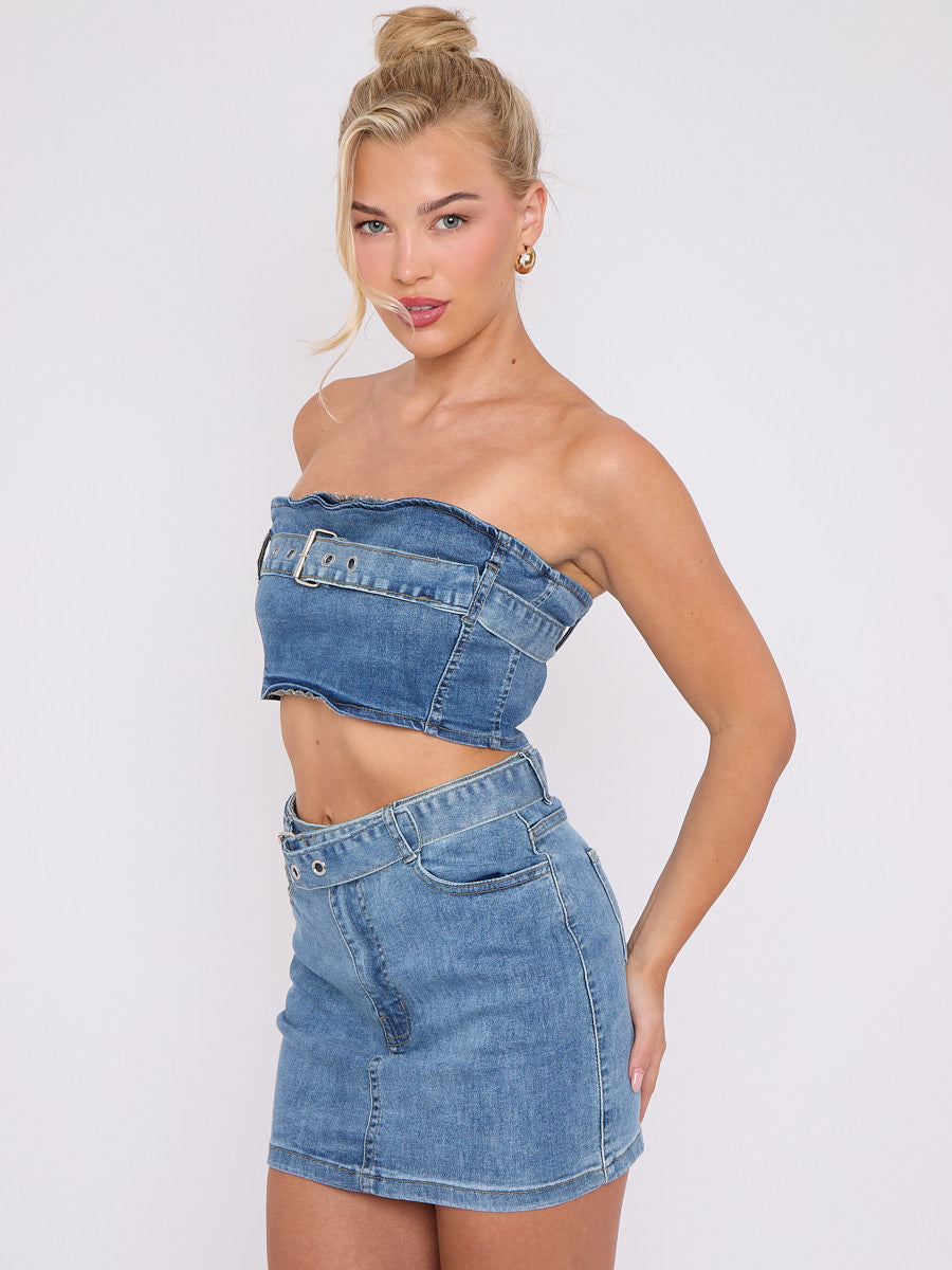 Belted Denim Bandeau Crop Top & Skirt Co-ord