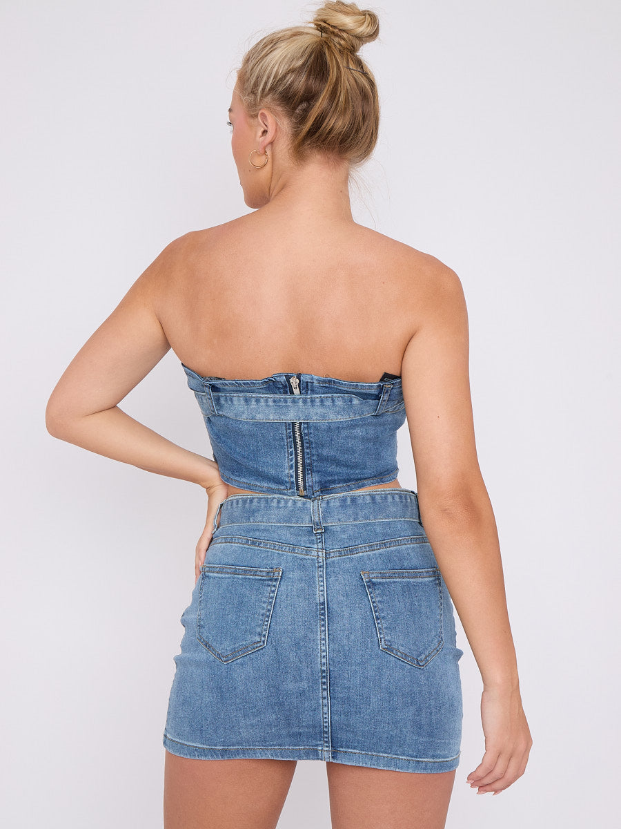 Belted Denim Bandeau Crop Top & Skirt Co-ord