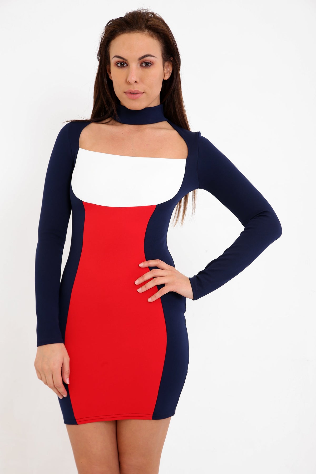 Contrast Panel Choker & Square Neck Bodycon Dress