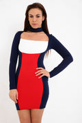 Contrast Panel Choker & Square Neck Bodycon Dress