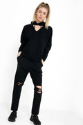 Choker Neck Hooded Top And Bottom Loungewear