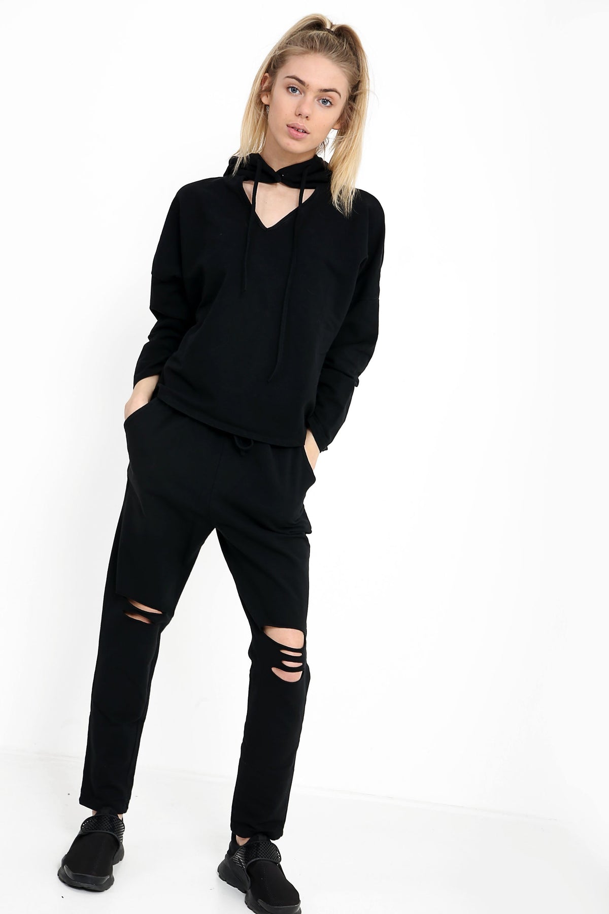 Choker Neck Hooded Top And Bottom Loungewear