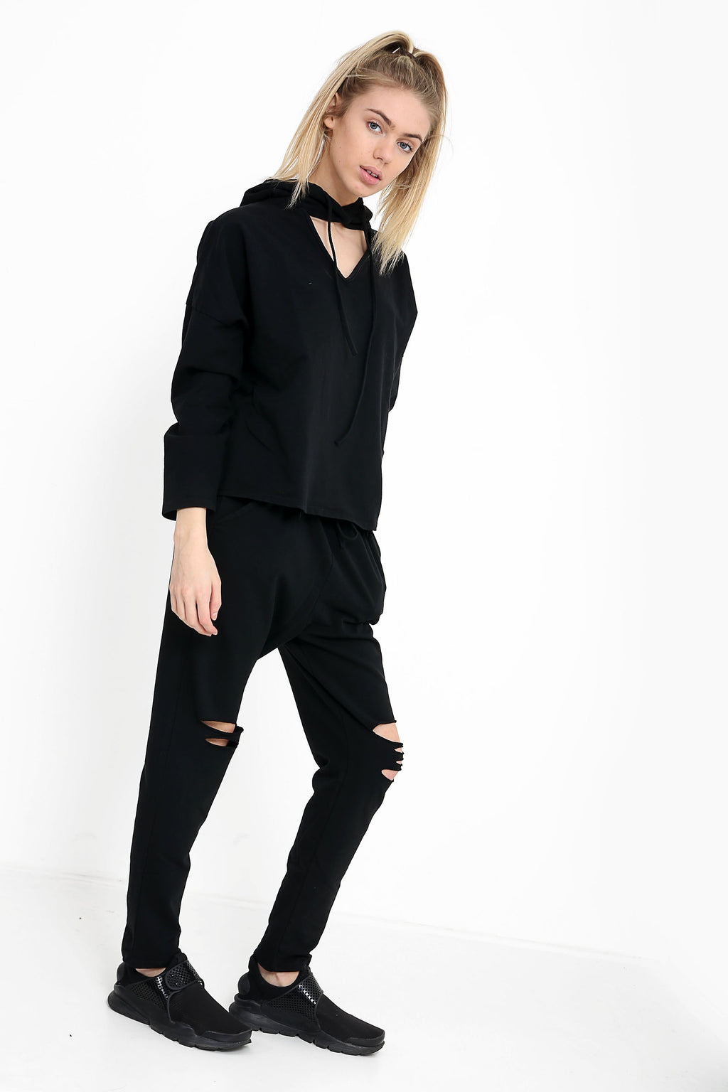 Choker Neck Hooded Top And Bottom Loungewear
