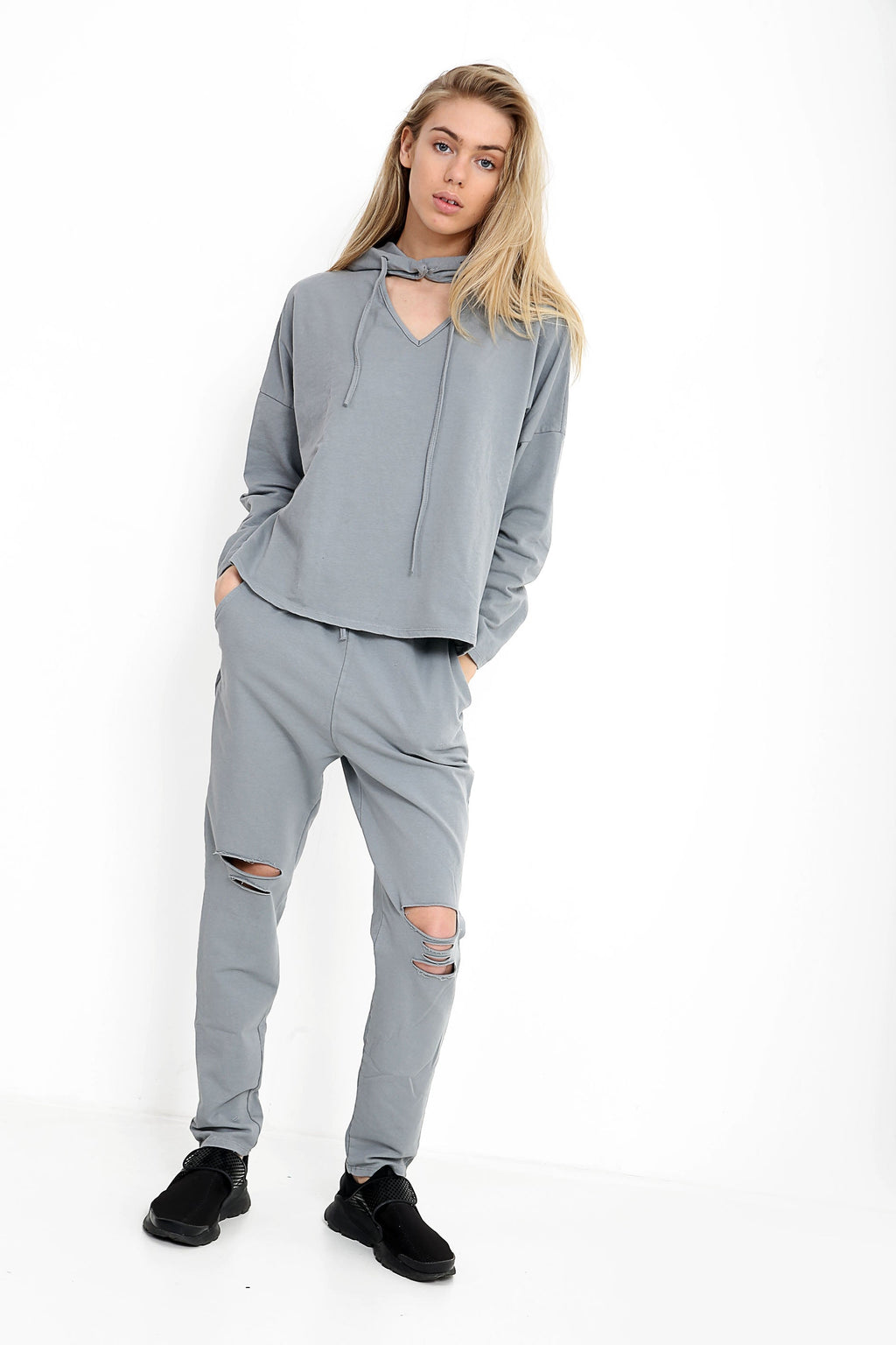 Choker Neck Hooded Top And Bottom Loungewear