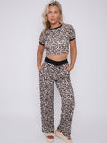 Leopard Print Contrast Trim Ribbed Crop Top & Wide Leg Trouser Co-ord