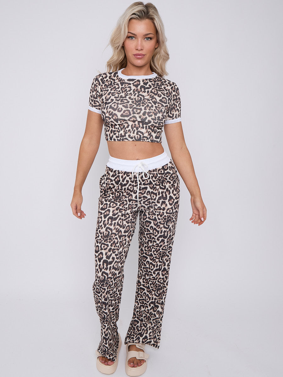 Leopard Print Contrast Trim Ribbed Crop Top & Wide Leg Trouser Co-ord