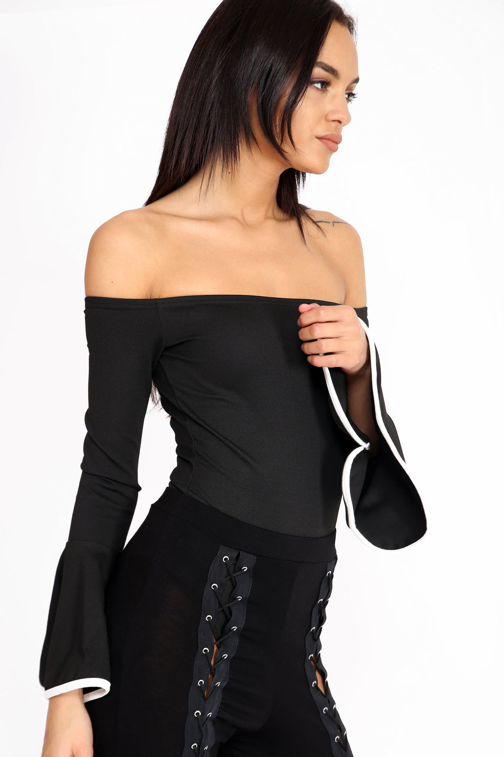 Contrast Bell Sleeve Bardot Bodysuit