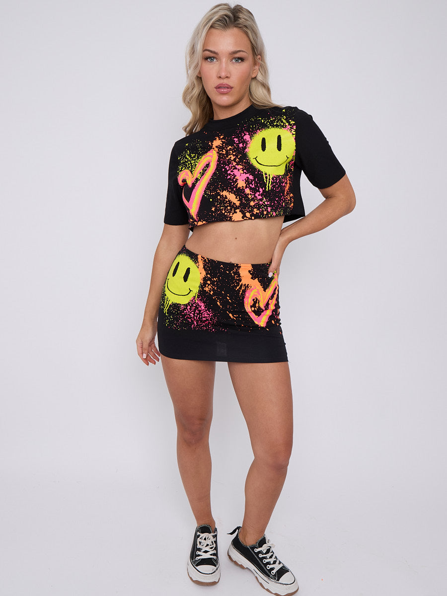 Paint Splash Smiley Heart Graphic Crop Top & Skirt Co-ord