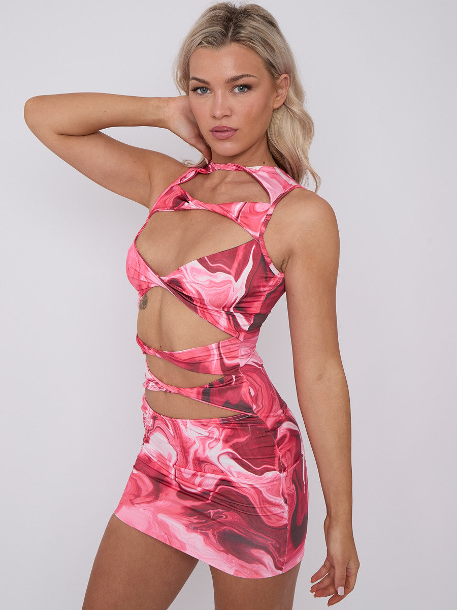 Marble Print Cut Away Twist Front Bodycon Dress
