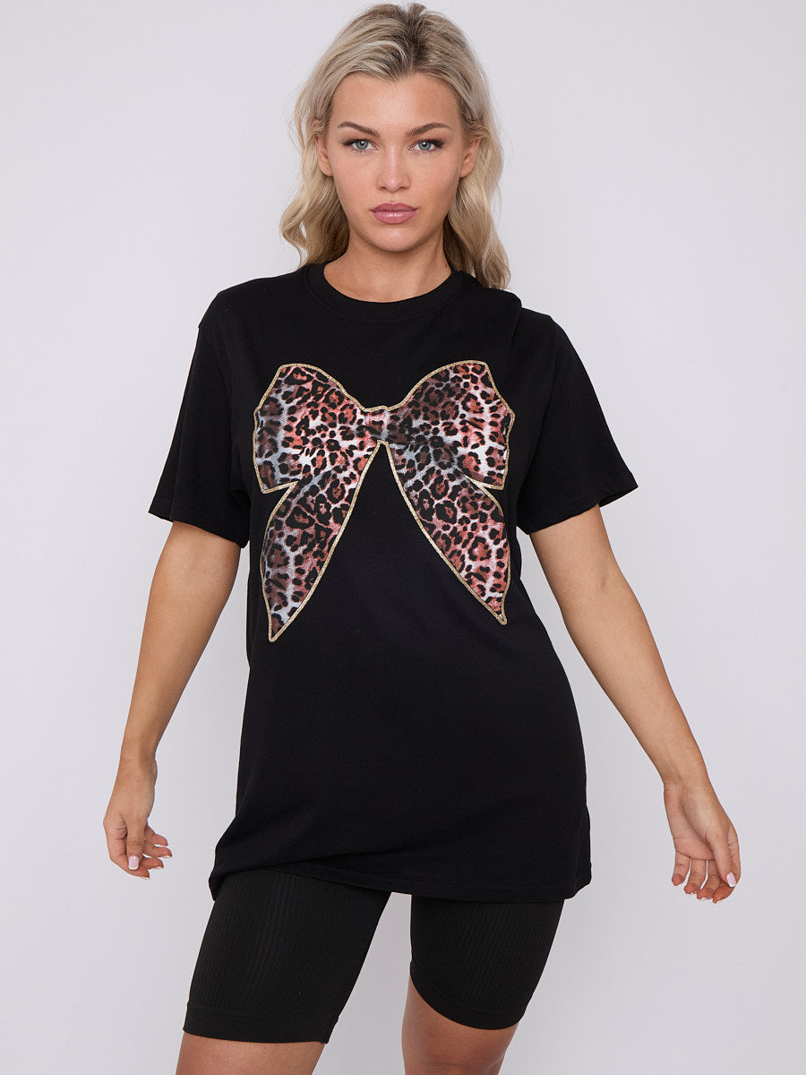 Leopard Print Bow Graphic Printed T-Shirt