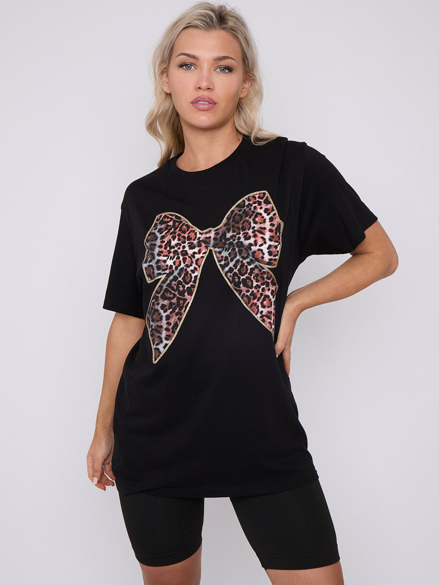 Leopard Print Bow Graphic Printed T-Shirt