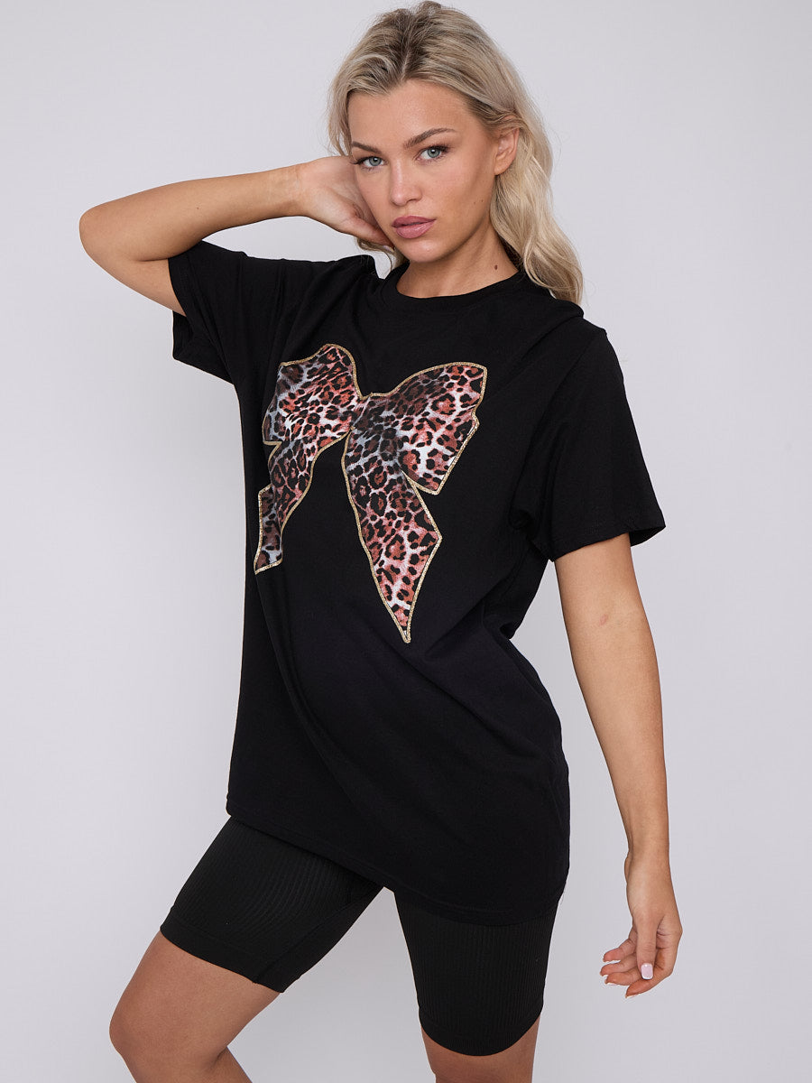 Leopard Print Bow Graphic Printed T-Shirt