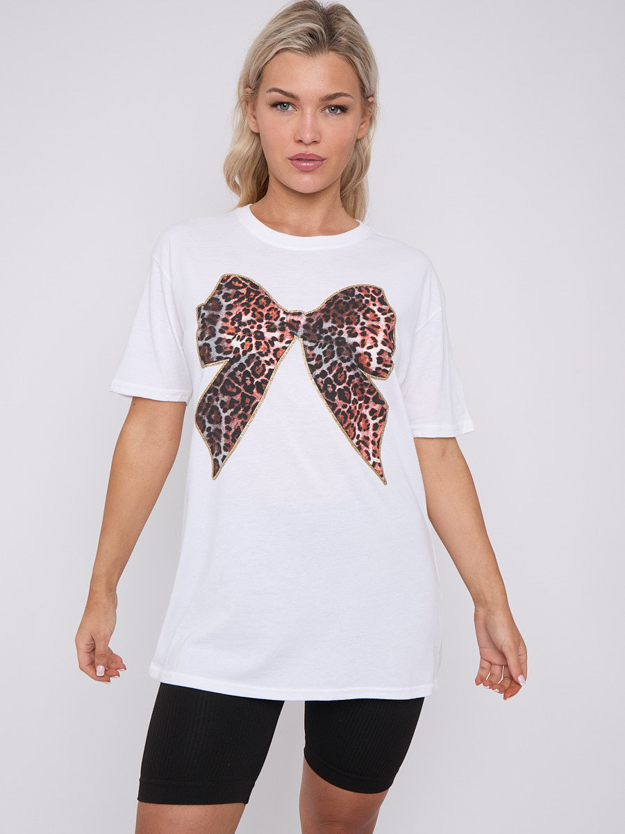 Leopard Print Bow Graphic Printed T-Shirt