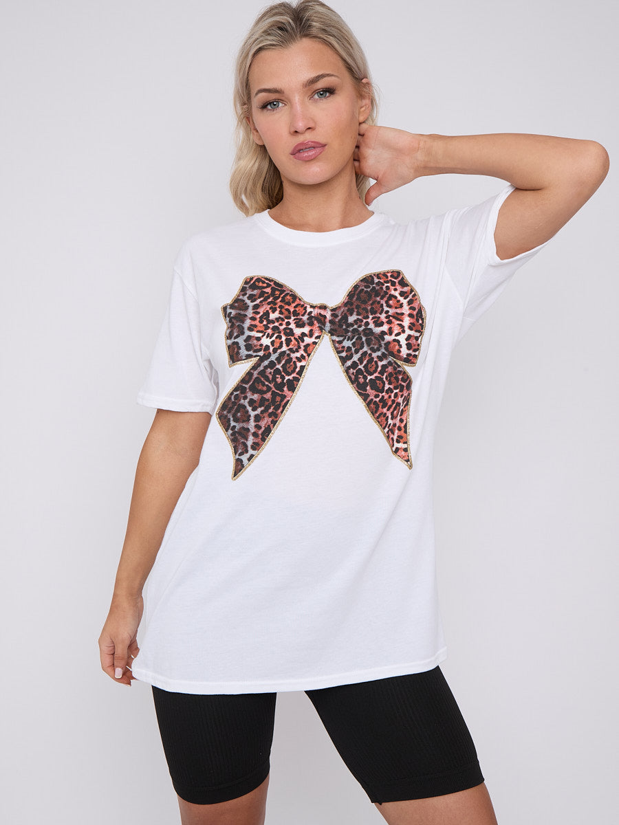 Leopard Print Bow Graphic Printed T-Shirt