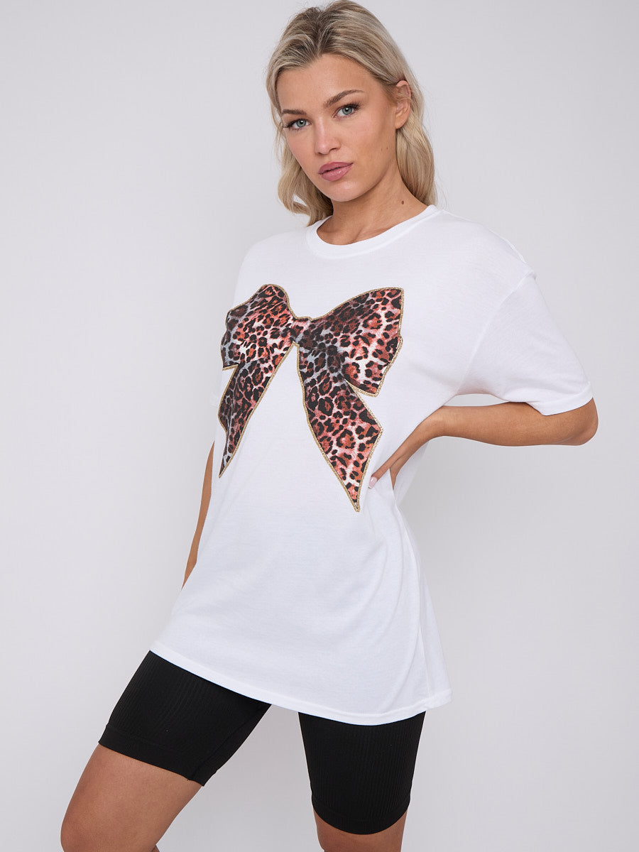 Leopard Print Bow Graphic Printed T-Shirt