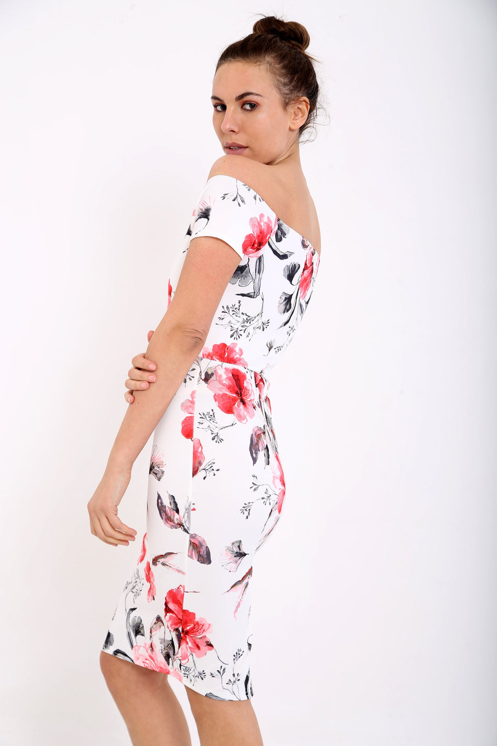Off The Shoulder Plunge Floral Bardot Dress