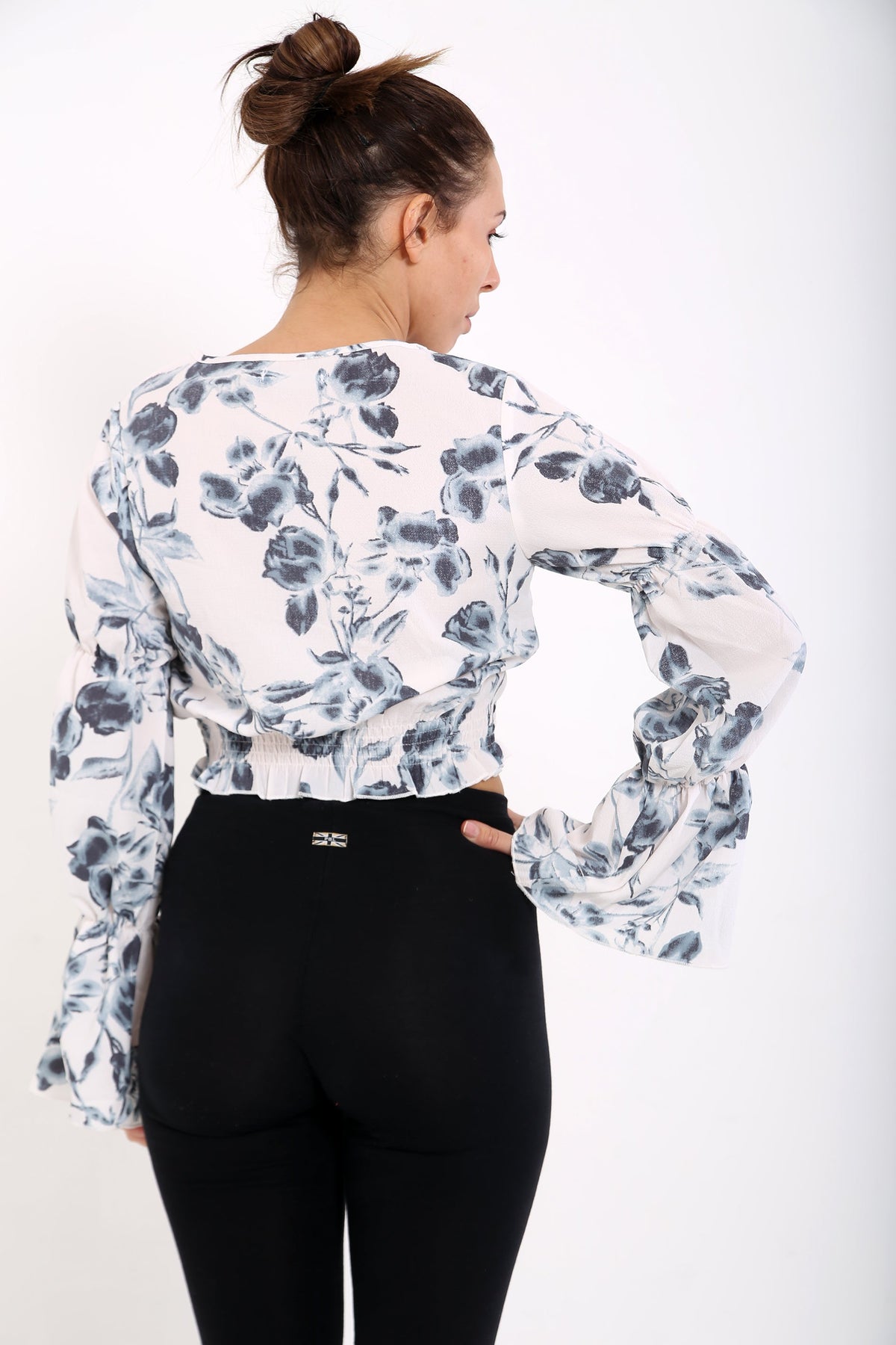 Faded Floral Print Gather Hem Crop Top